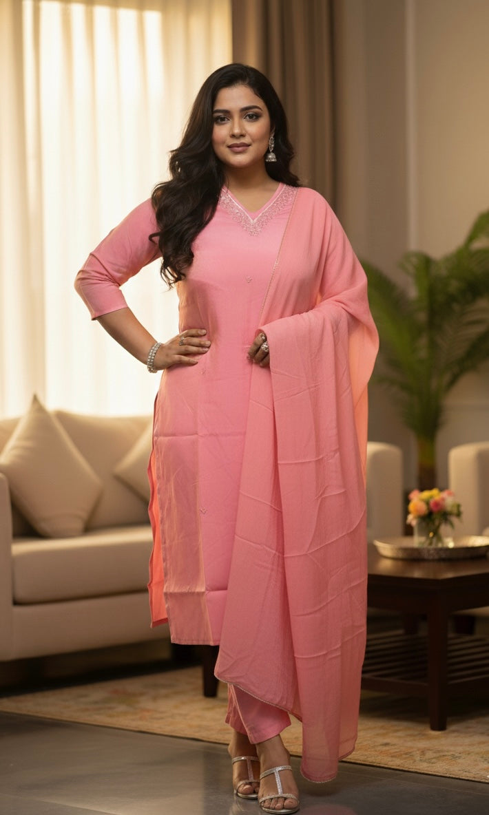 Shimmer Suit Set with Pearl V- Neck Detailing