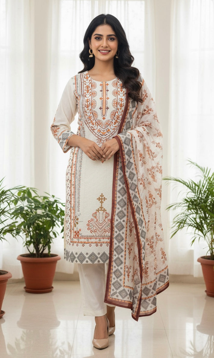 Pure Cotton Suit Set with Intricate Schiffli Work