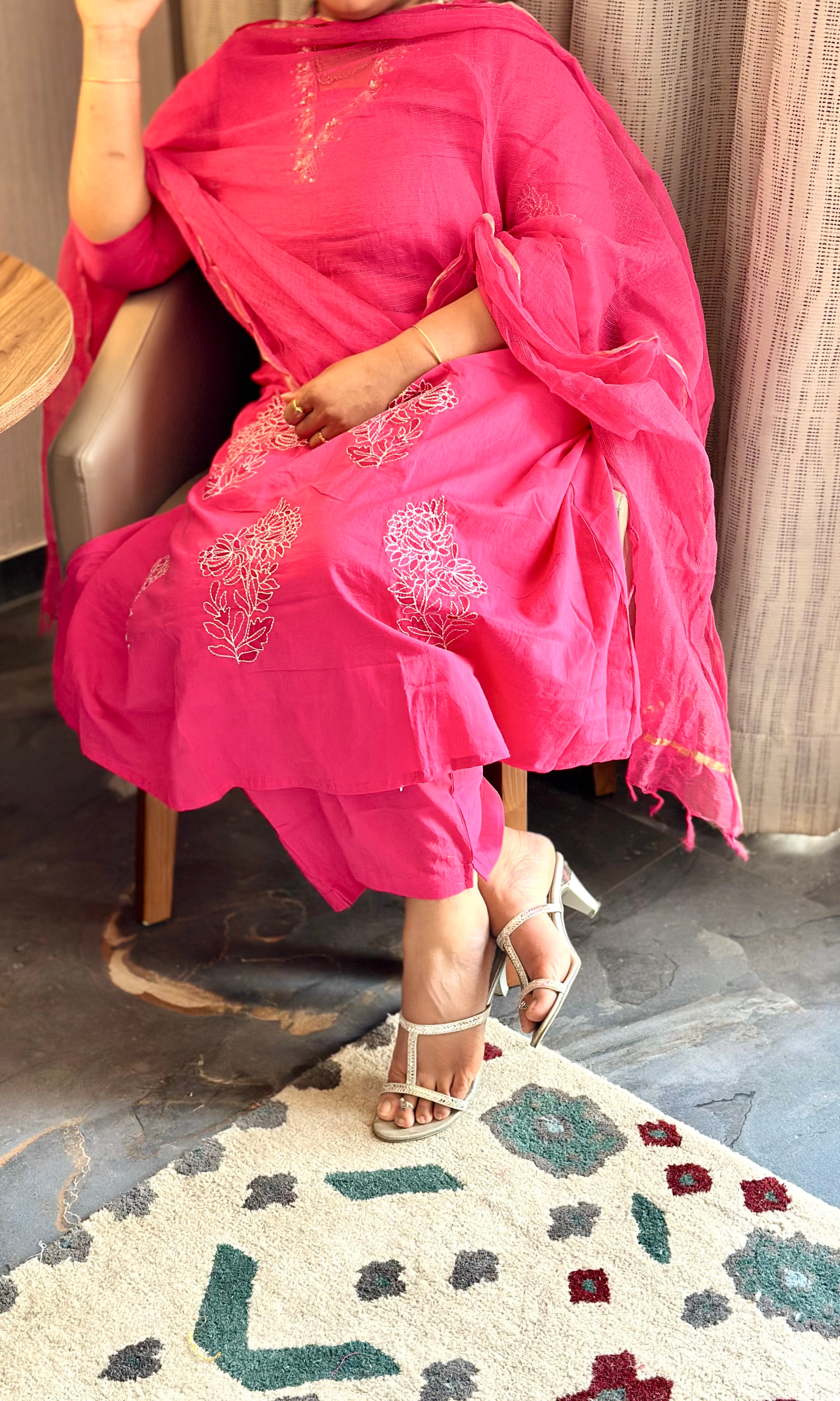 Pink Embroidered Pure Cotton Kurta Set