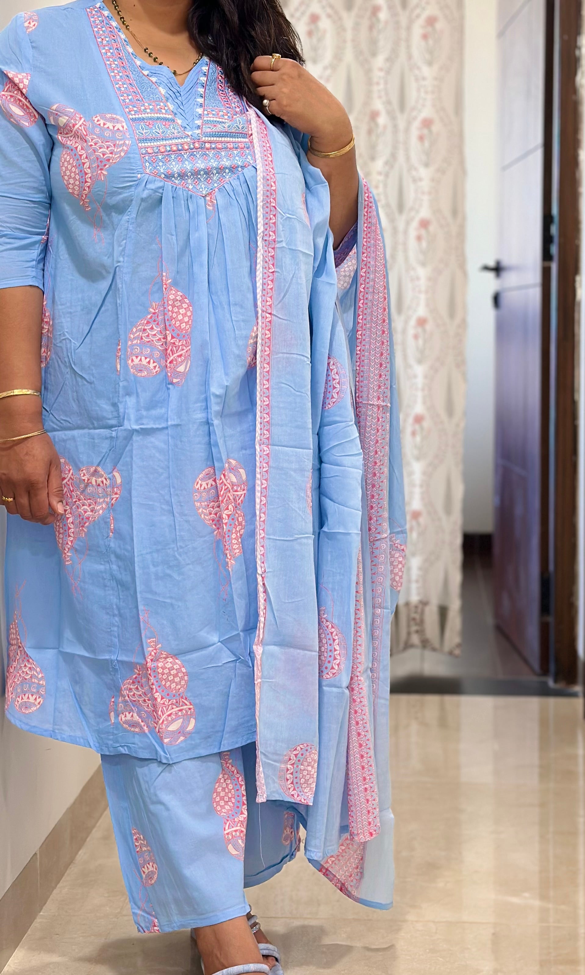 Sky Blue Printed Cotton Kurta Set with Dupatta