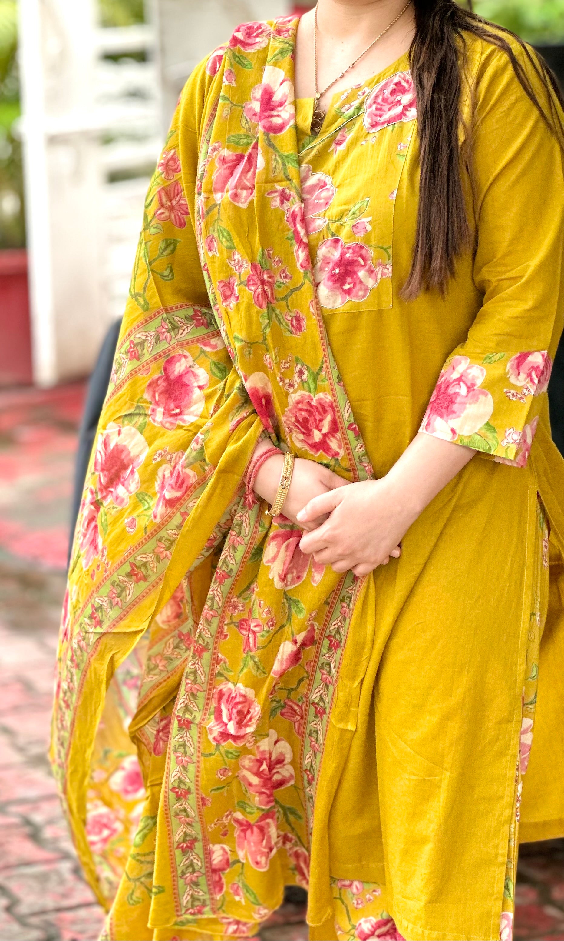 Mustard Yellow Pure Cotton Floral Kurta Set