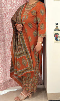 Rust Brown Printed Cotton Kurta Set with Dupatta