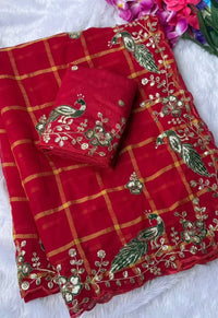Red Checks Saree with Peacock Embroidery