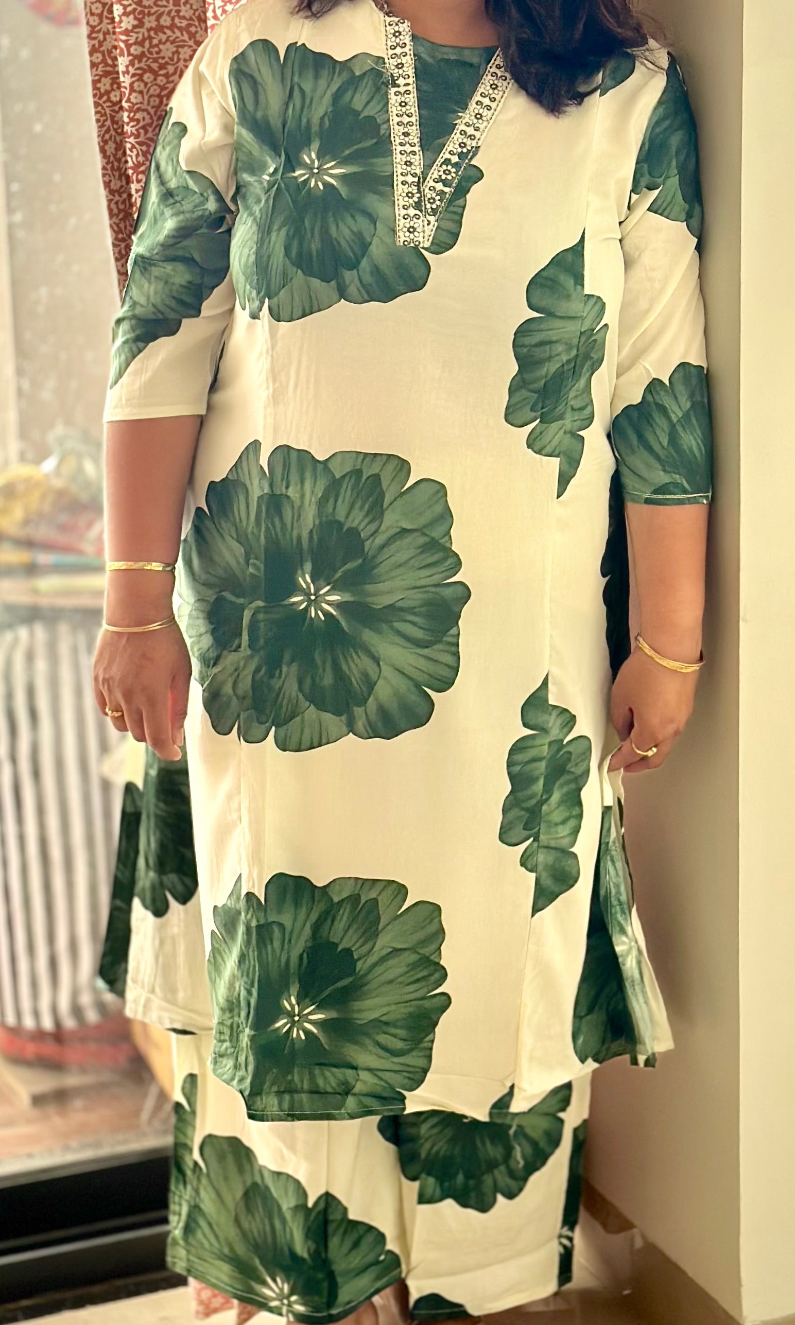 Green Floral Print Viscose Kurta Pant Set