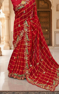 Red Checks Saree with Peacock Embroidery