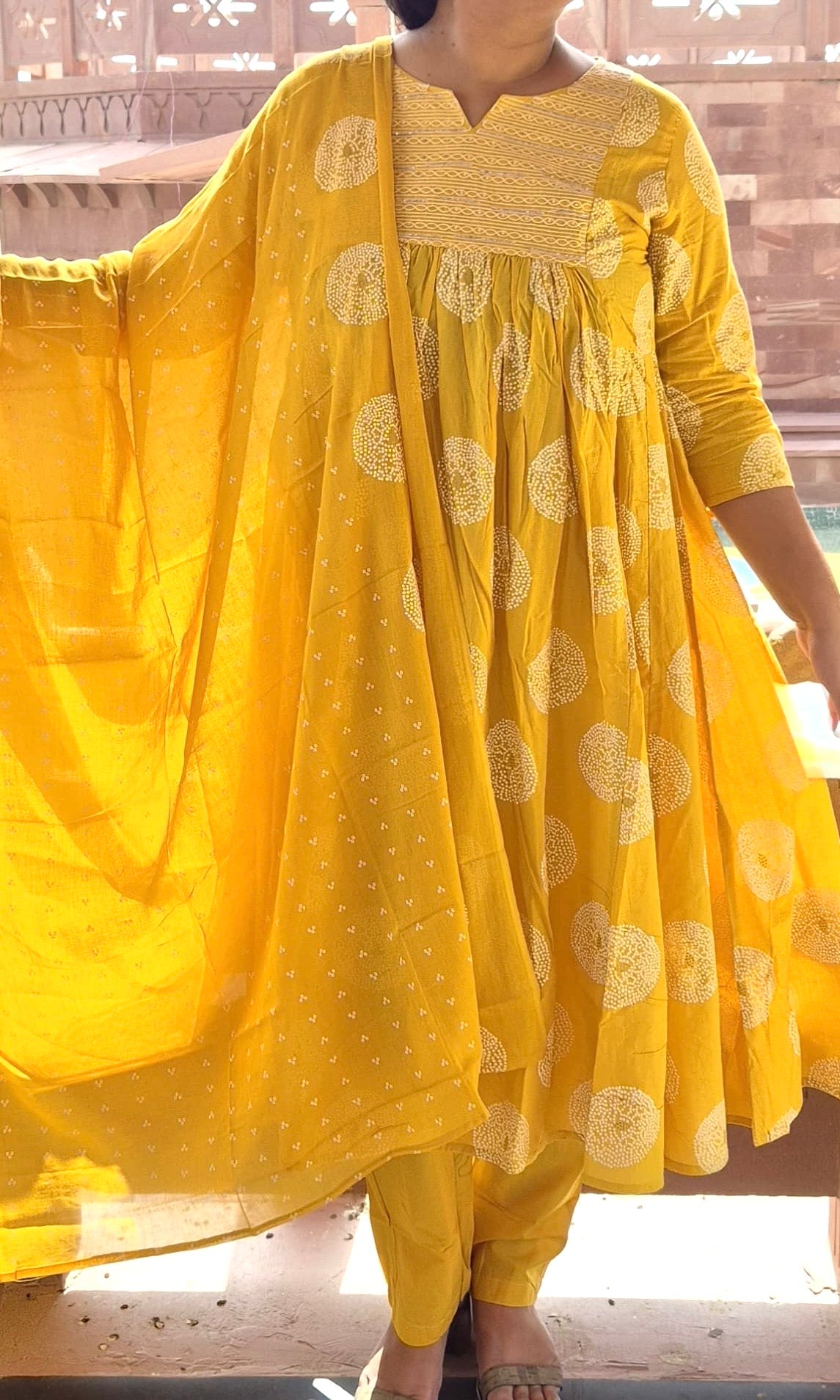 Mustard Yellow Pure Cotton Flared Kurta Three-Piece Set
