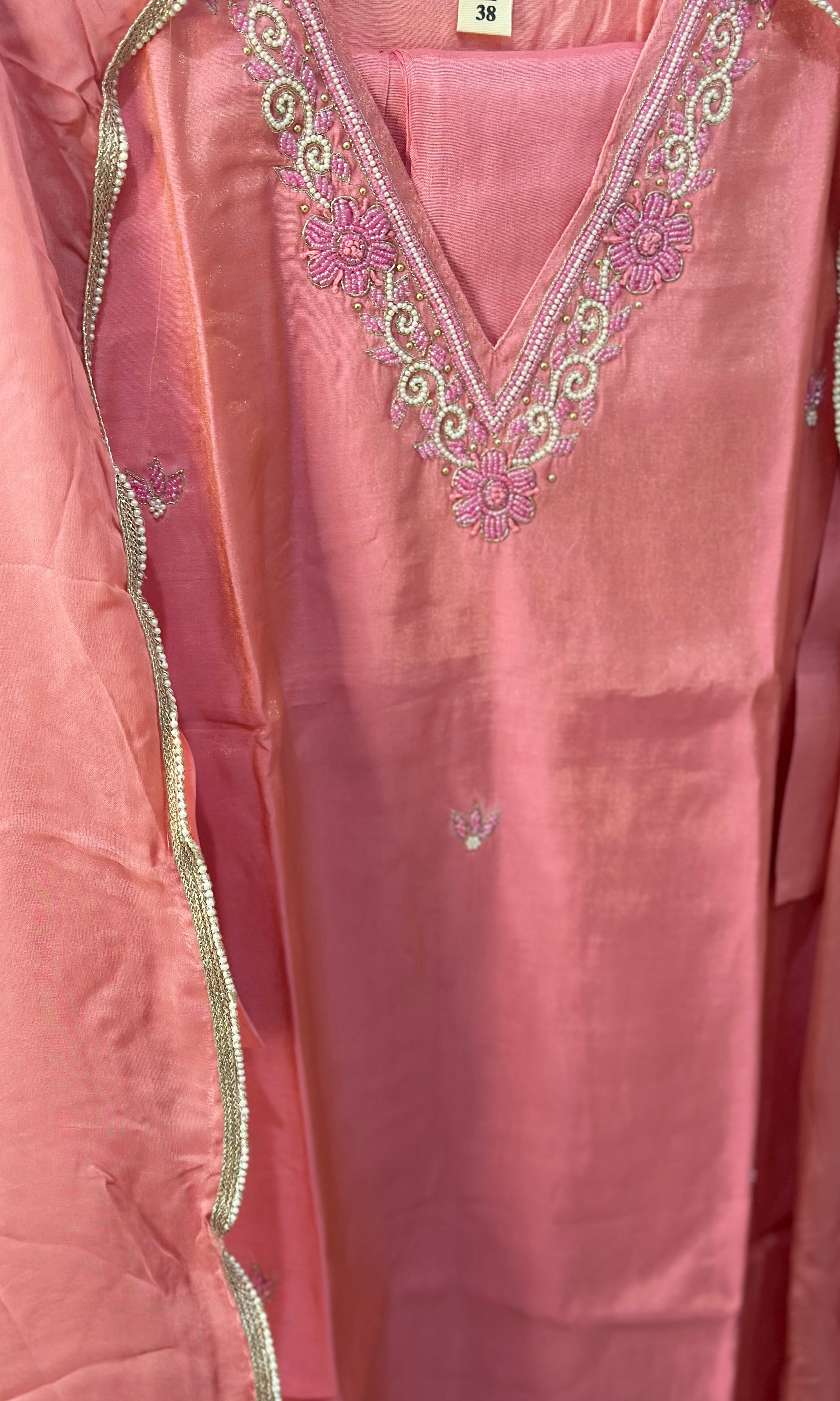 Shimmer Suit Set with Pearl V- Neck Detailing