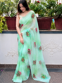 Chiffon Green Floral Saree Without Blouse