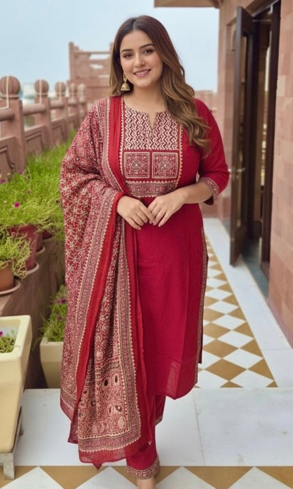 Pure Cotton Maroon Kurta Set with Ajrakh Dupatta
