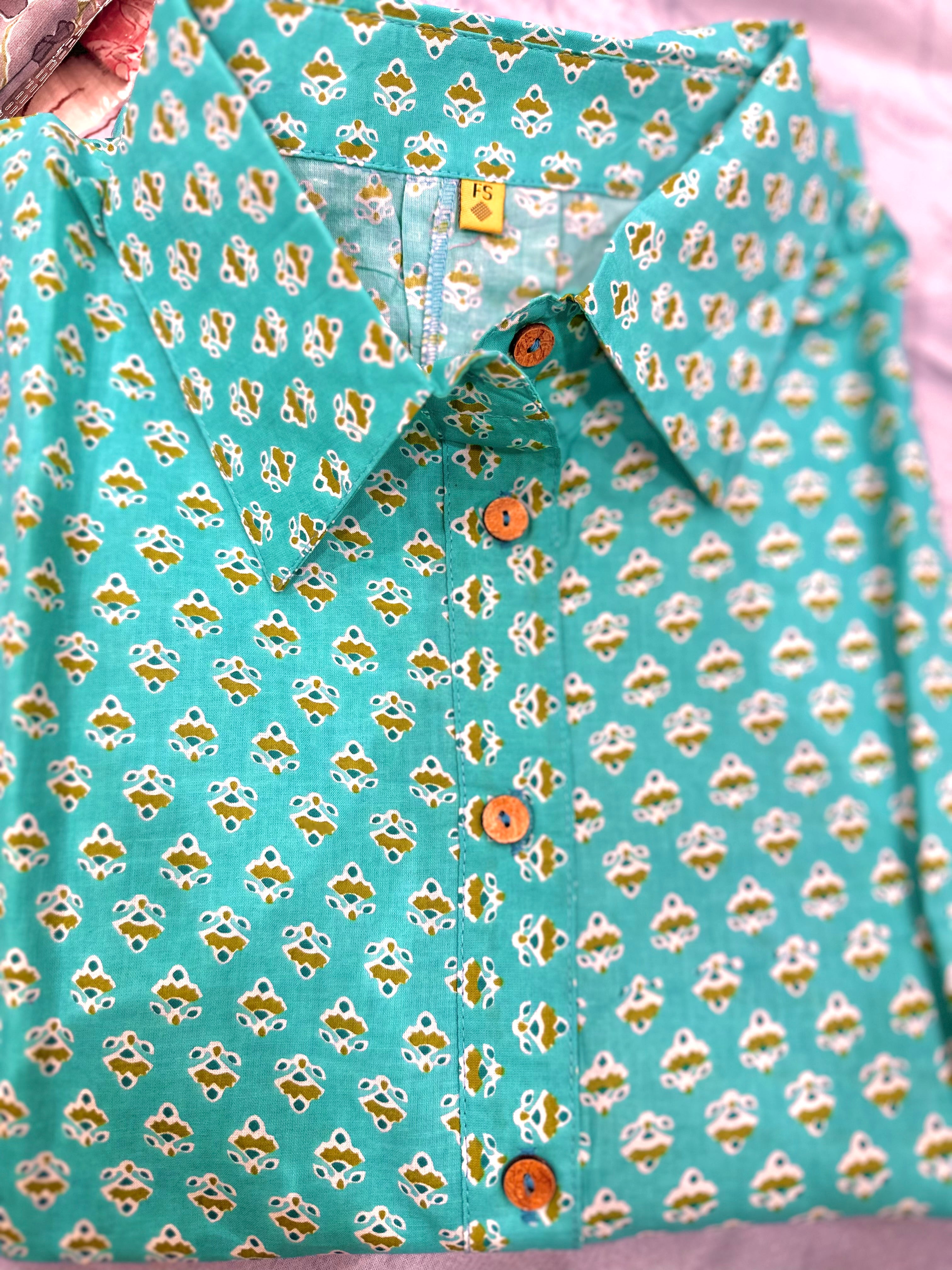Sea Green Hand Block Loose Fit Shirt