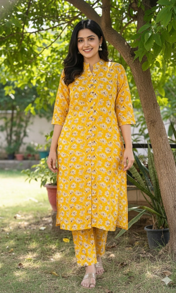 Yellow Floral print A line Cord set