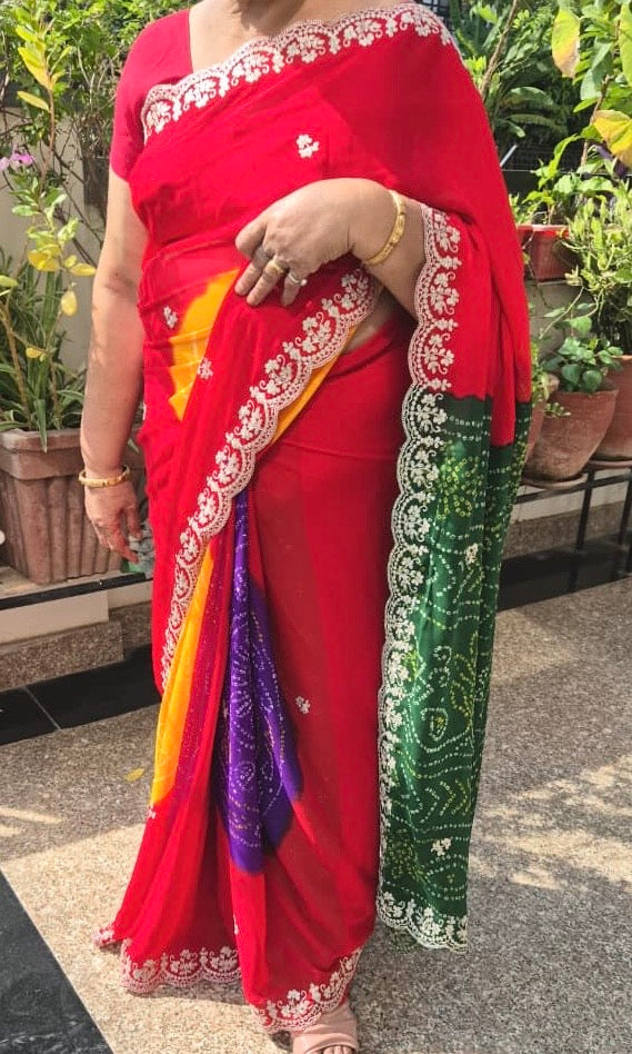 Red Bandhani Multicolour Saree