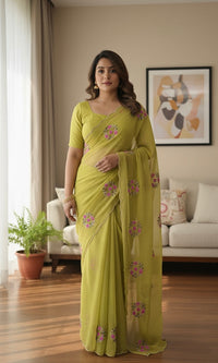 Mehandi Green Thread Embroidery Saree