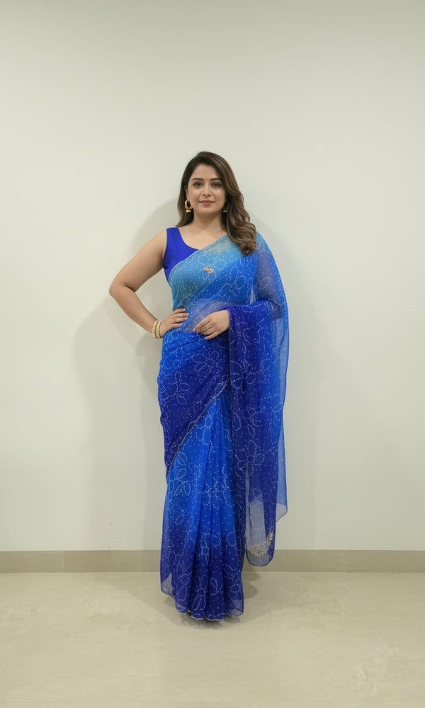 Blue Chiffon Handwork Saree