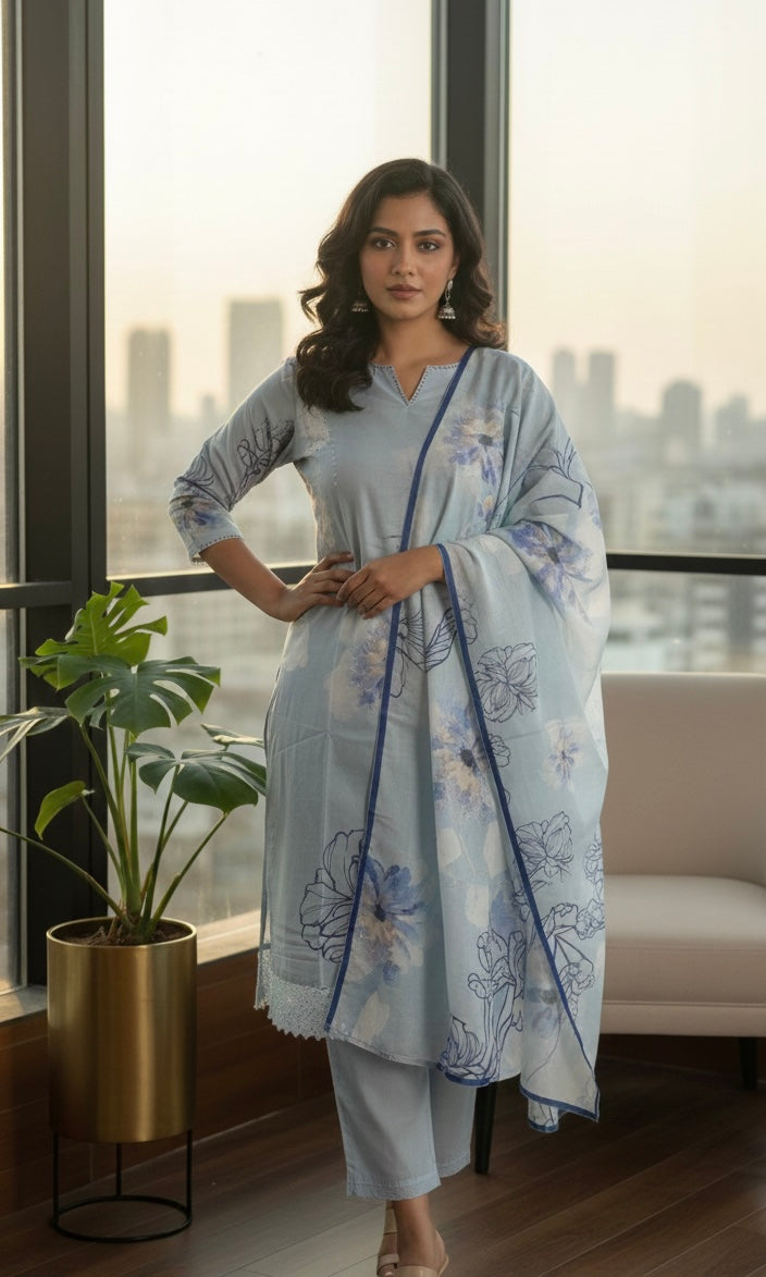 Powder Blue Floral Print Kurta