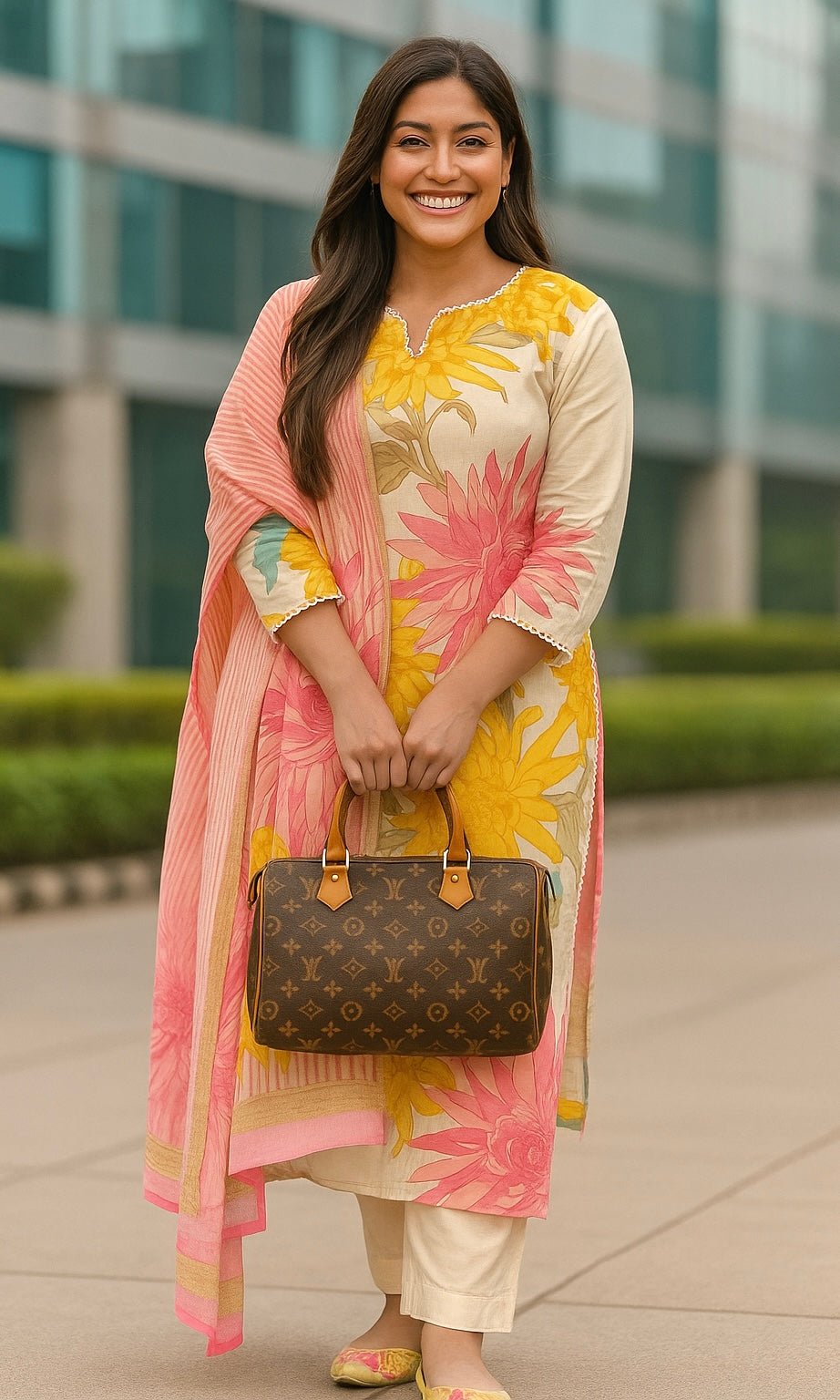 Beige Cotton Floral Kurta Set