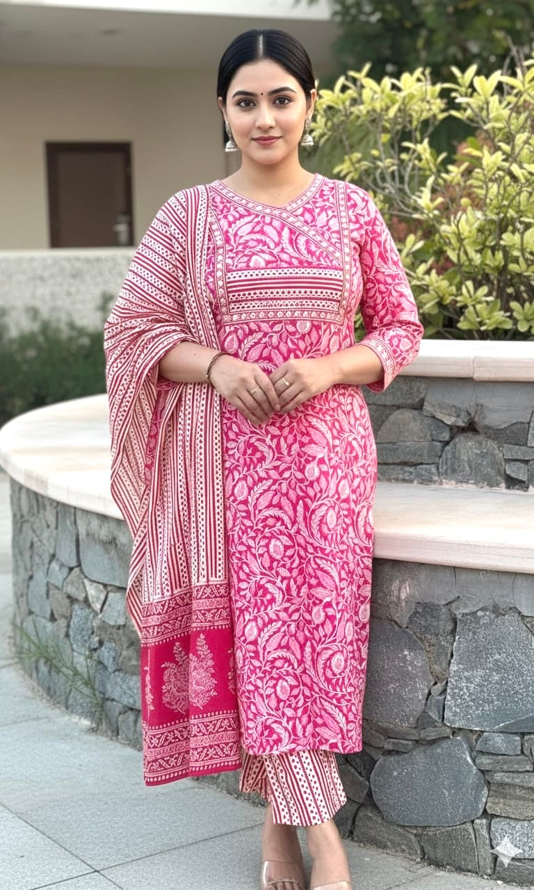 Pink Jaipuri Print Pure Cotton Kurta Set