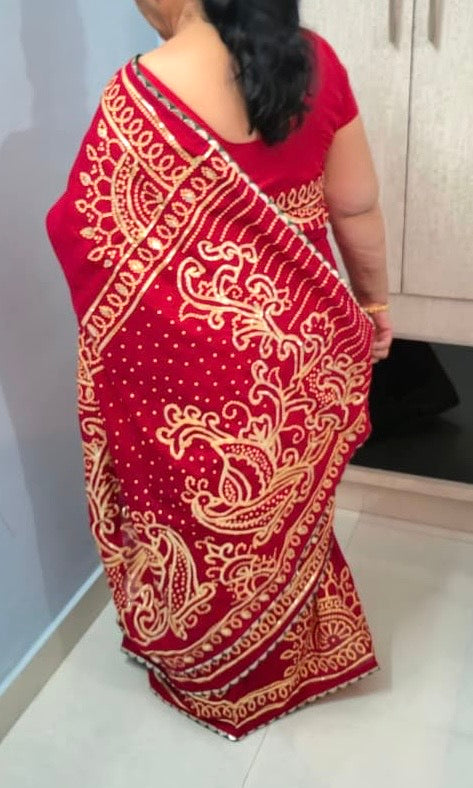 Red Gota Patti Ghewar Bhandhej Saree