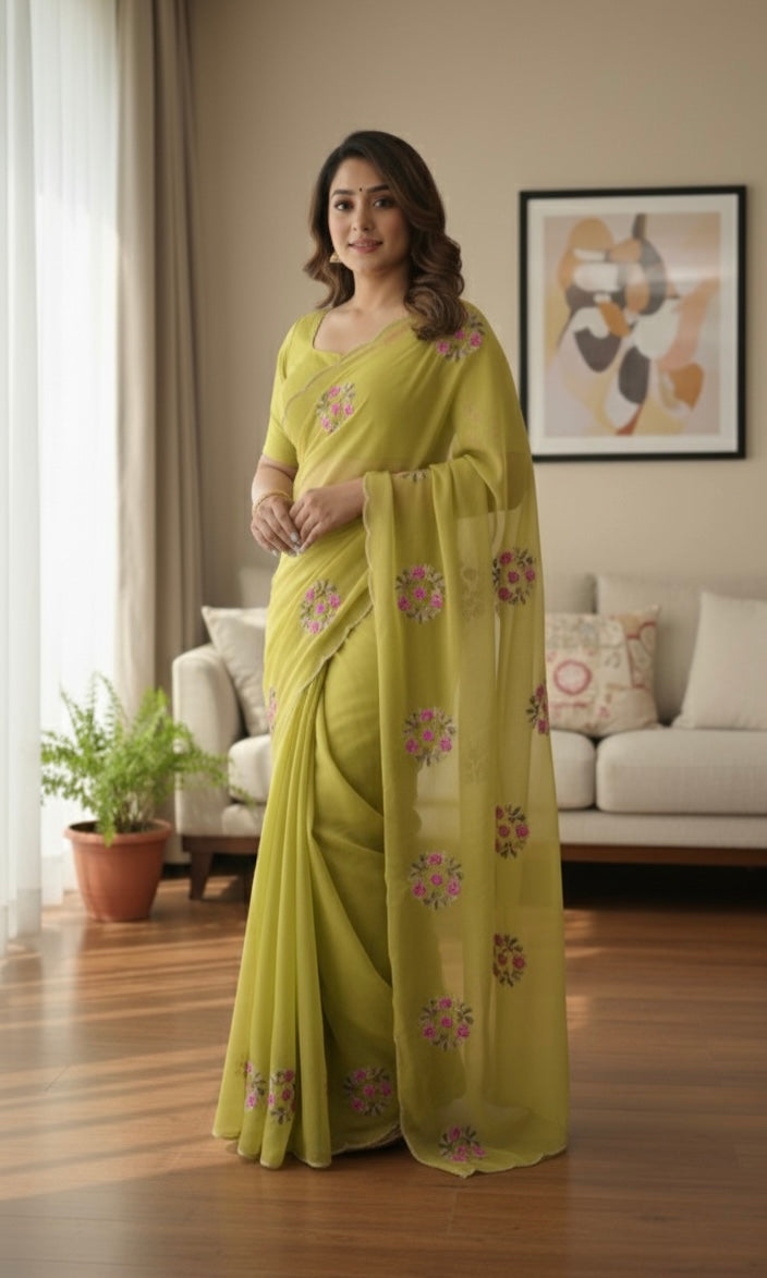 Mehandi Green Thread Embroidery Saree