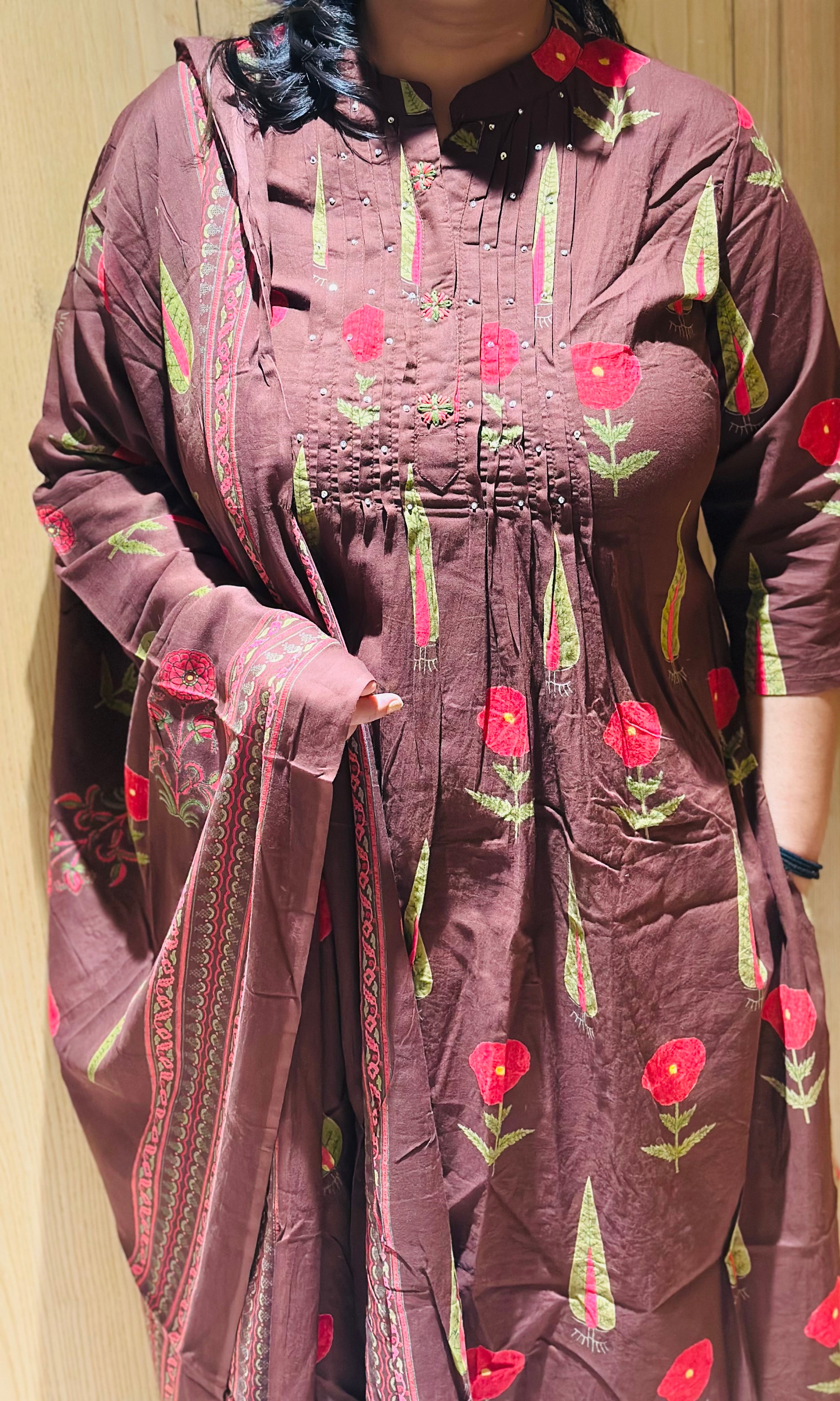 Brown Printed Cotton Kurta Set