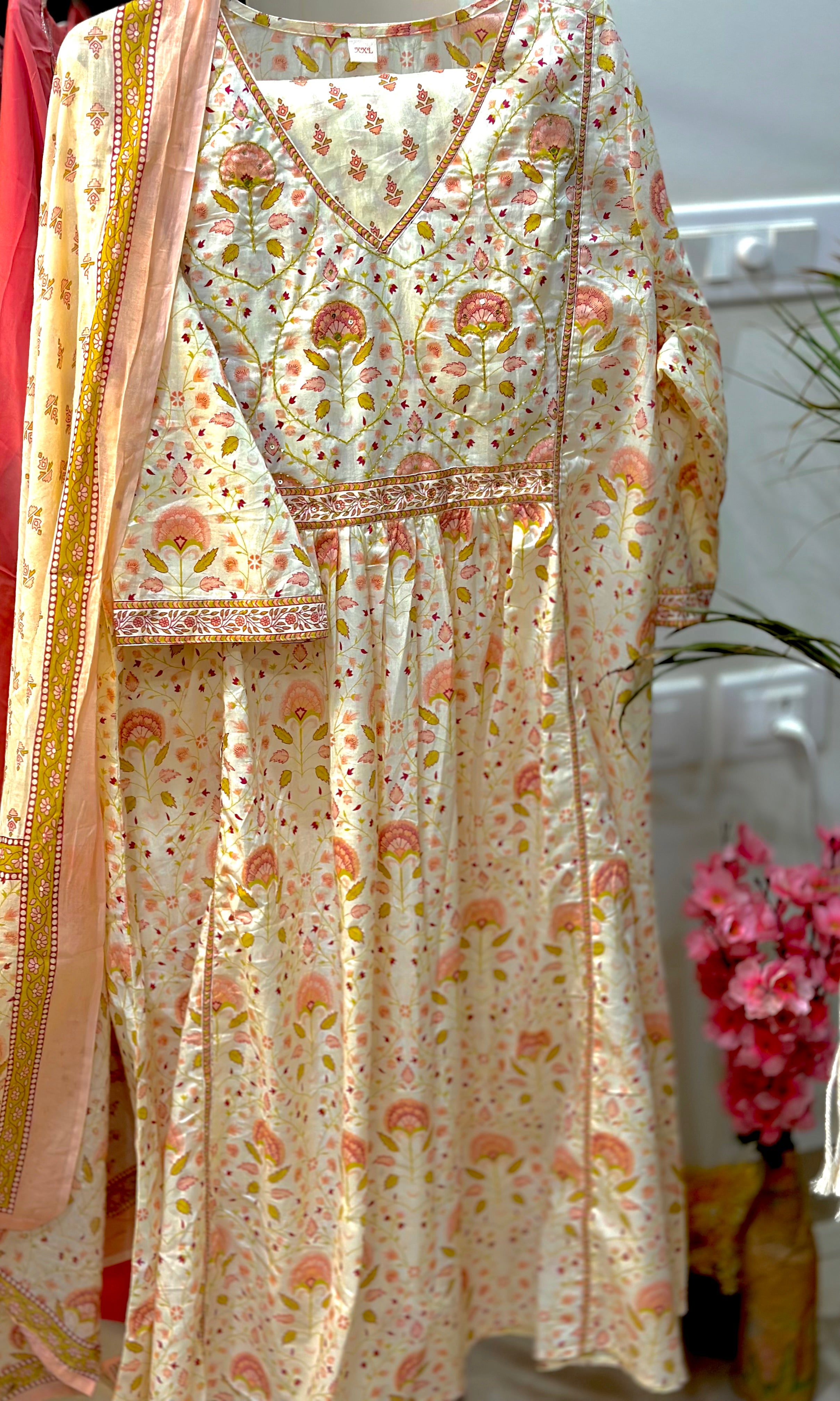 Beige Jaipuri Print Kurta Palazzo Set