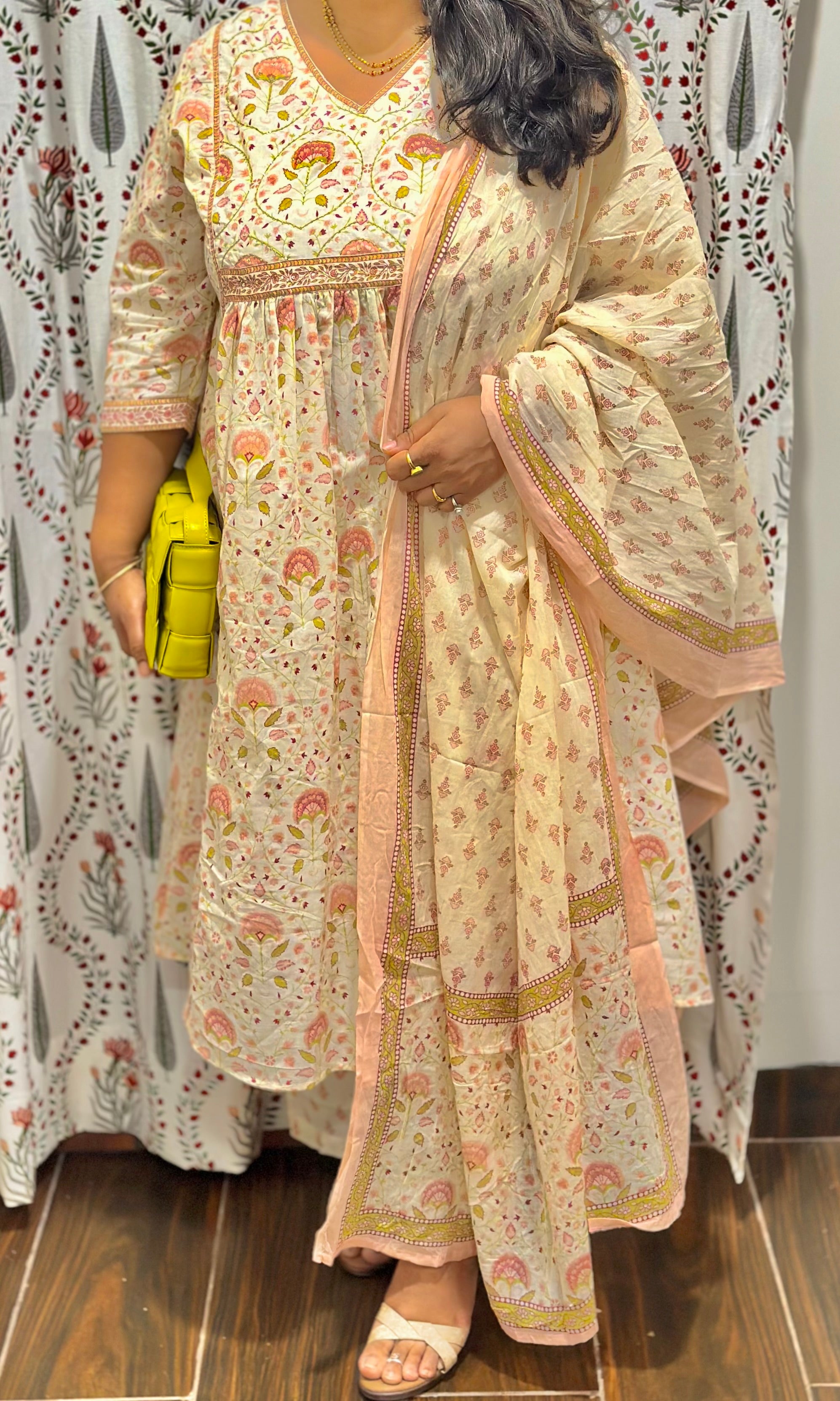 Beige Jaipuri Print Kurta Palazzo Set