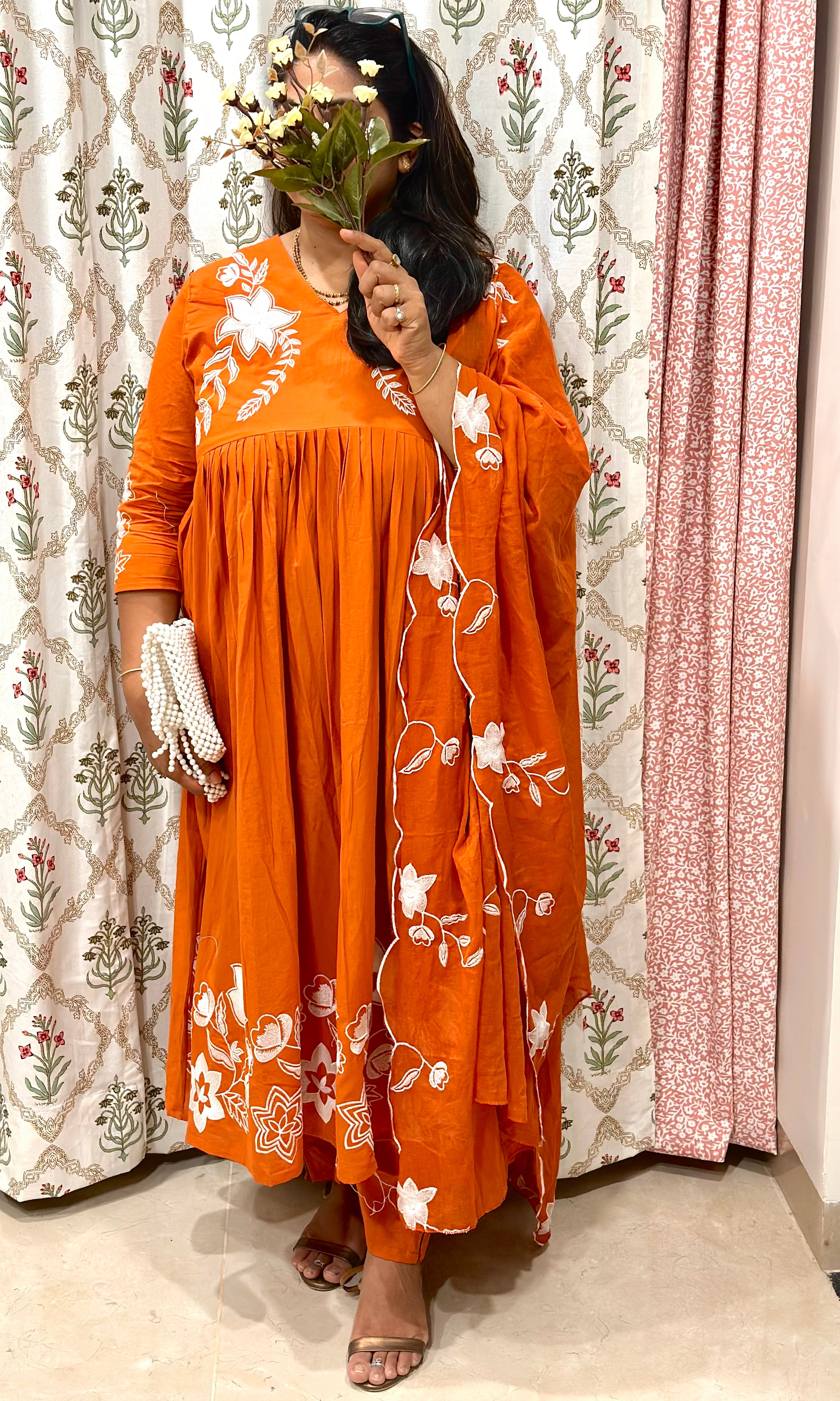 Orange Embroidered Kurta Set