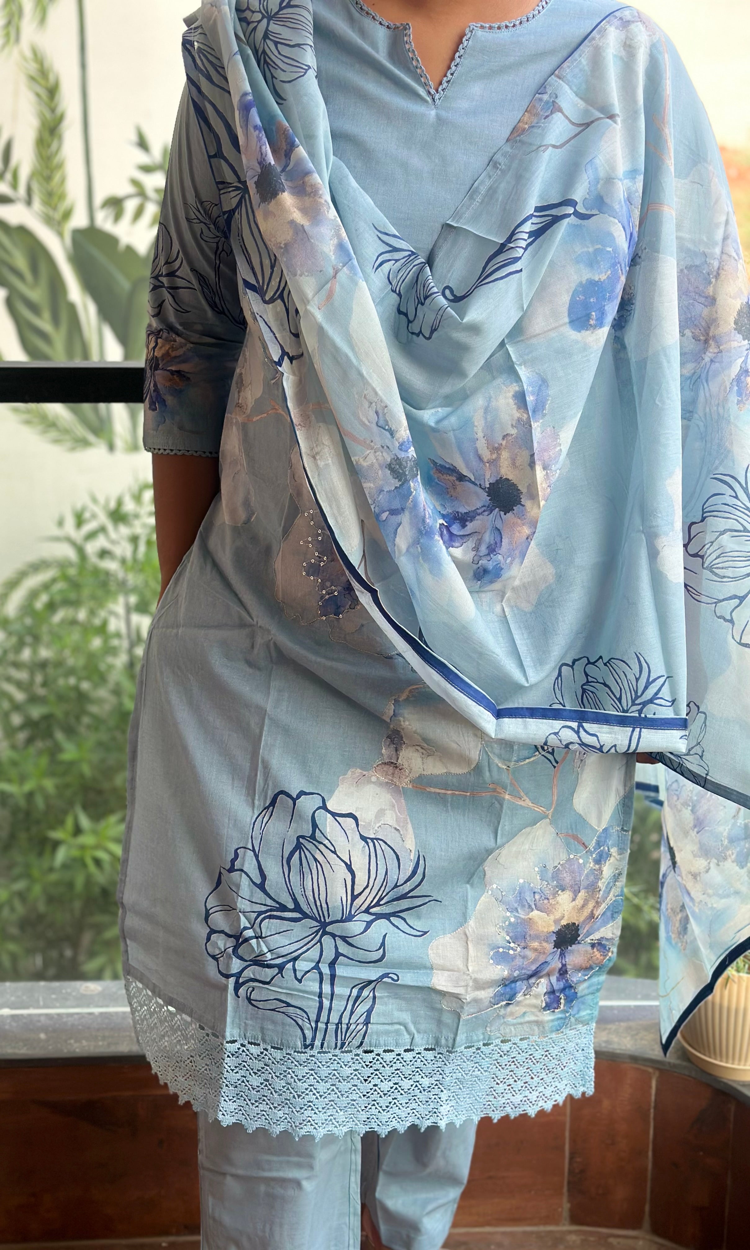 Powder Blue Floral Print Kurta