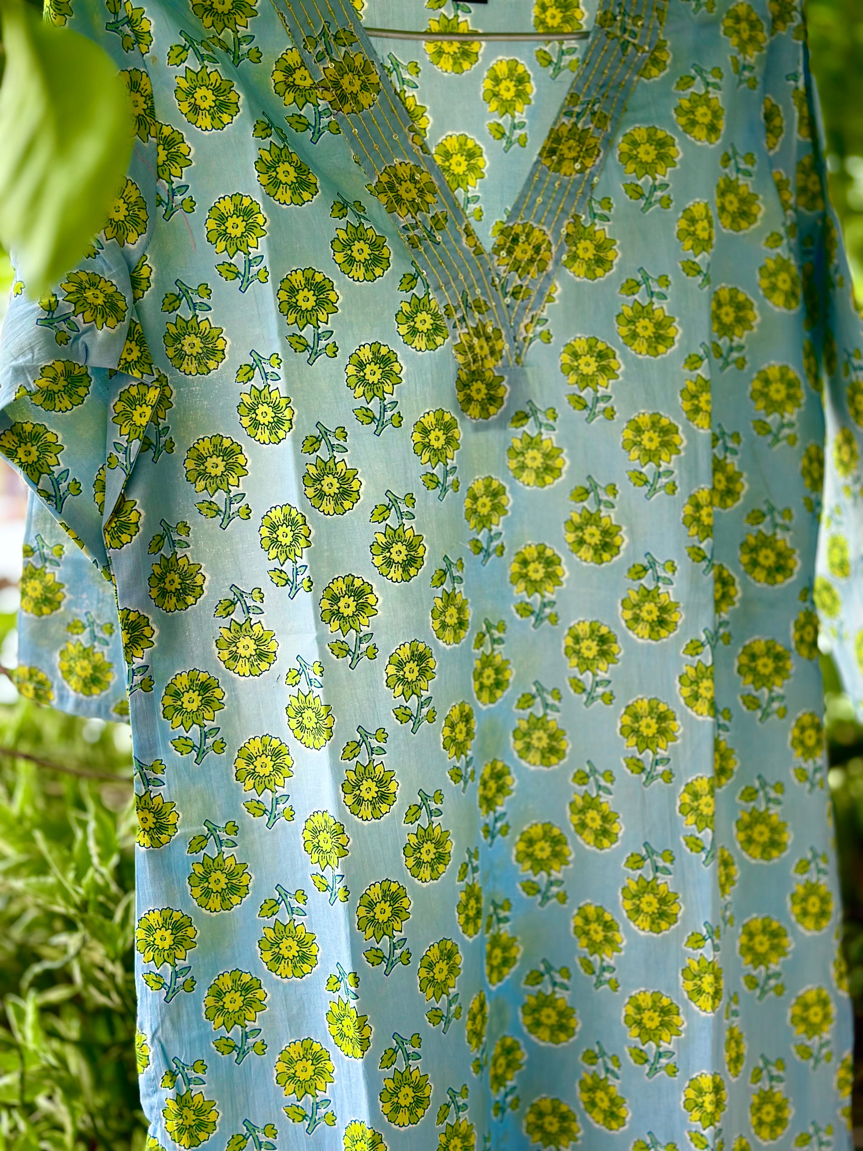 Sky blue V neck Pure cotton Kurta