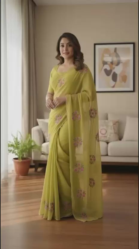 Mehandi Green Thread Embroidery Saree