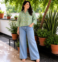 Pista Green Hand Block Printed Loose Fit Shirt